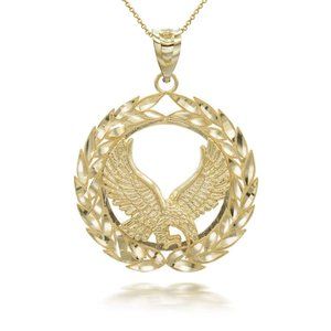 10K Solid Gold Flying Eagle Laurel Wreath Small Pendant Necklace